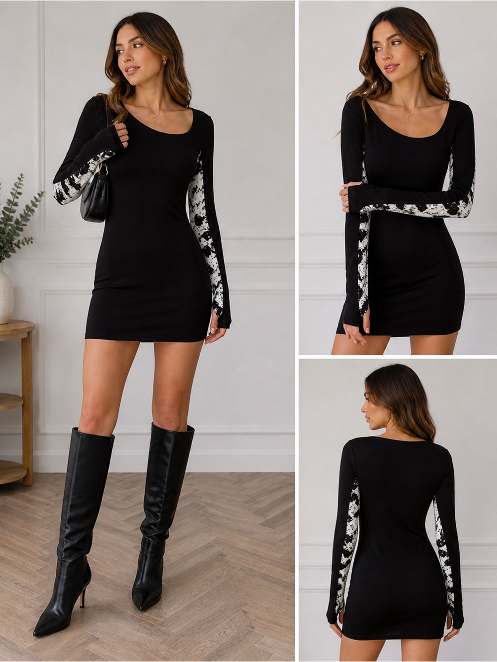 Just Cavalli Black Mini Dress with White Tie-Dye Sleeve Accents